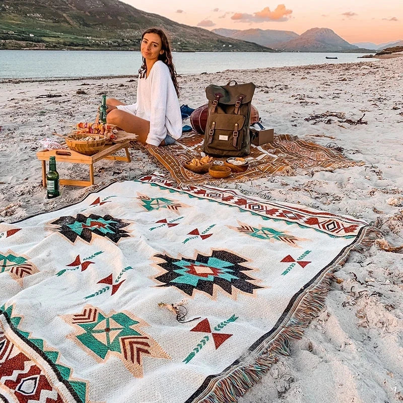 Mexican Striped Boho Blanket — Linen Throw with Tassels