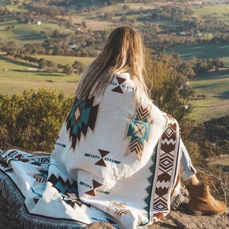 Mexican Striped Boho Blanket — Linen Throw with Tassels
