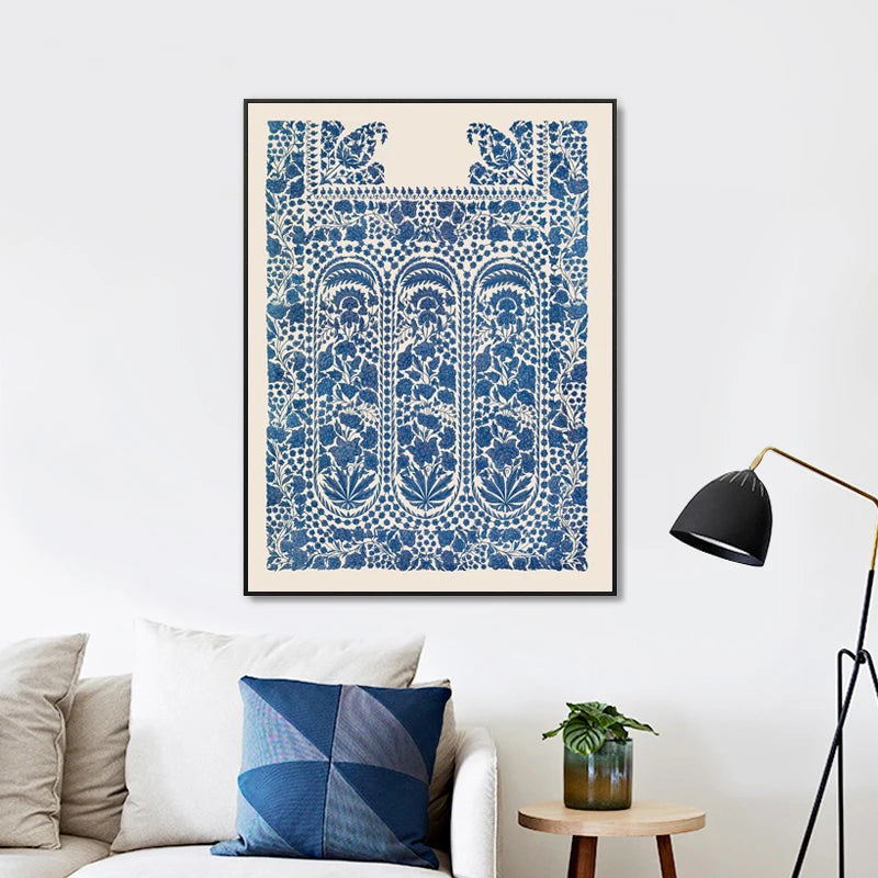 Vintage Indian Ornament Canvas Print — Navy Blue Abstract Wall Art