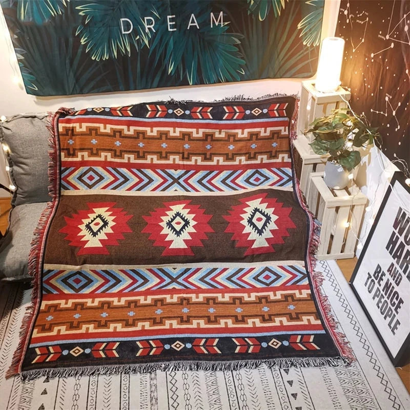Mexican Striped Boho Blanket — Linen Throw with Tassels