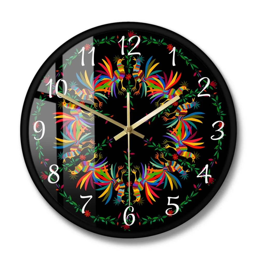 Otomi Bird Wall Clock with black metal frame