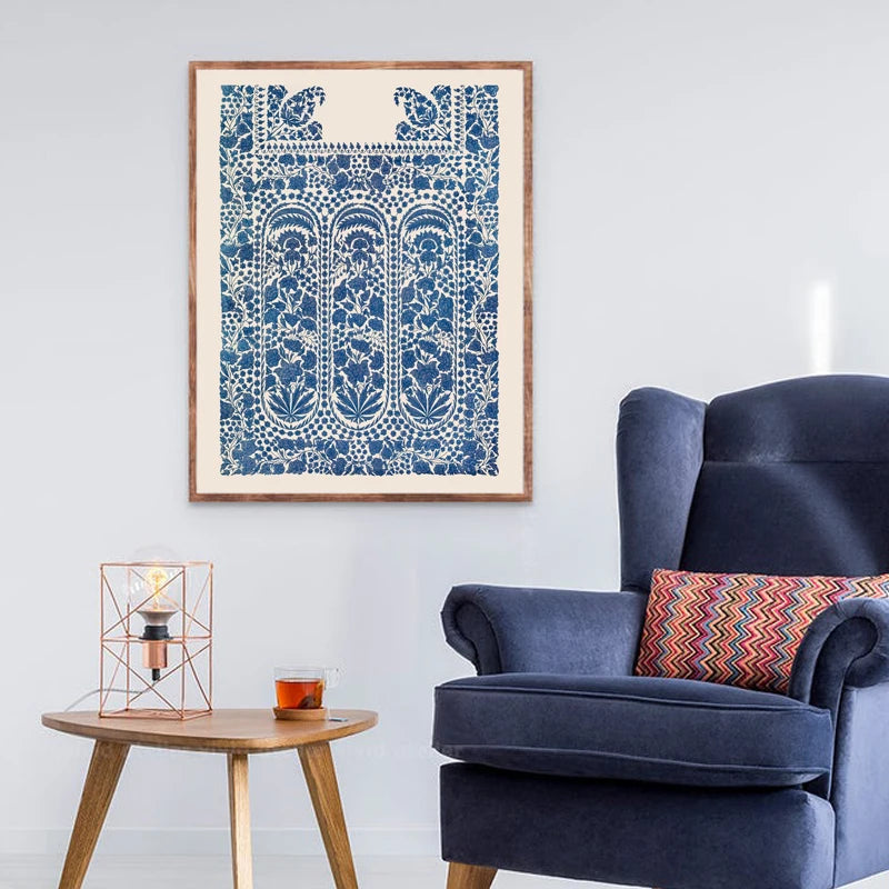 Vintage Indian Ornament Canvas Print — Navy Blue Abstract Wall Art