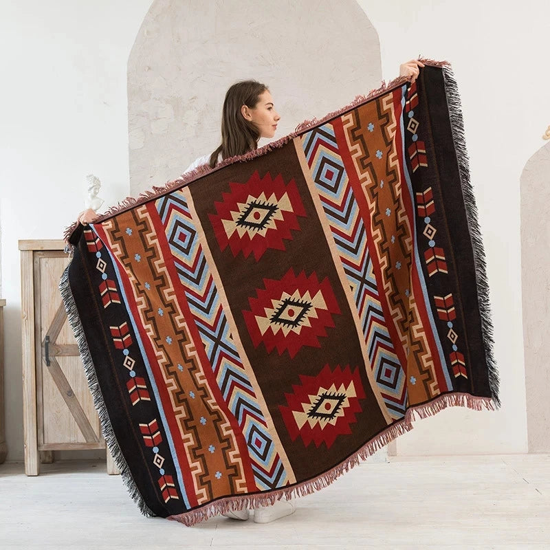 Mexican Striped Boho Blanket — Linen Throw with Tassels