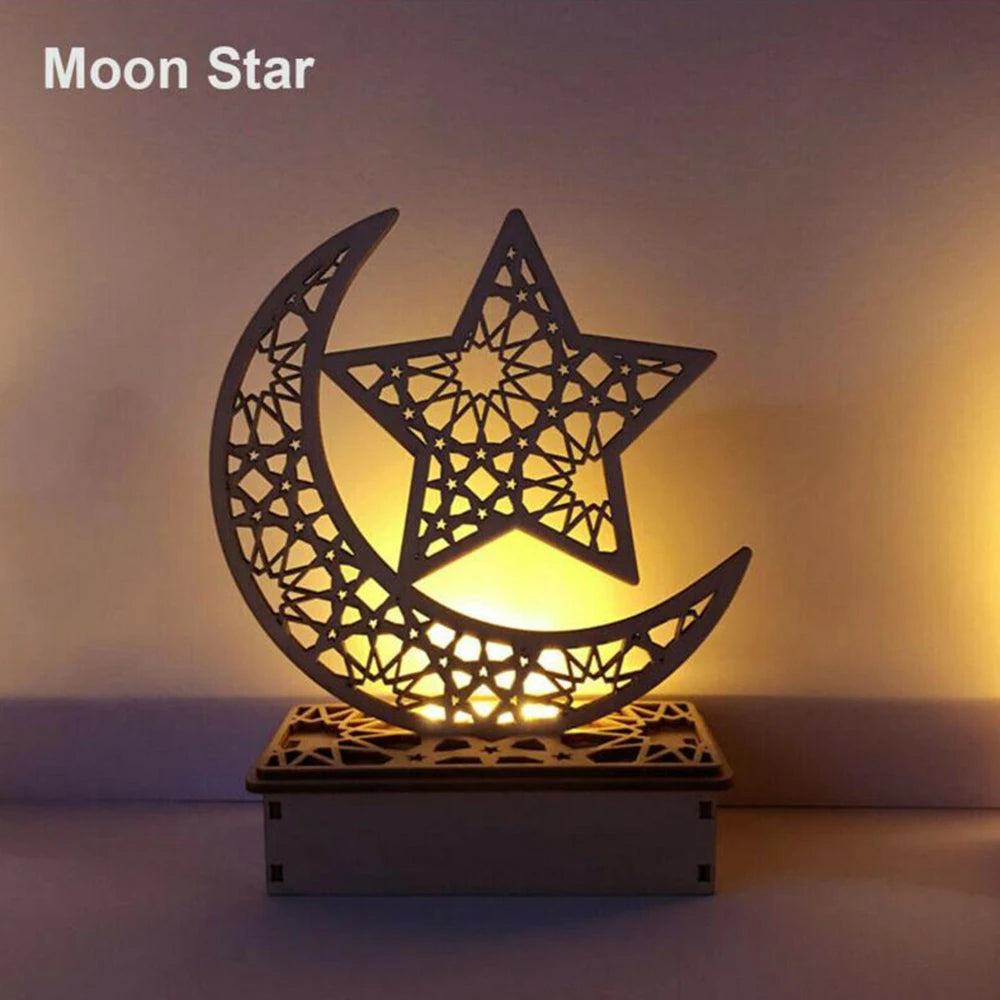 2025 Ramadan Mubarak Eid al Fitr LED Light Decorations Wooden Handicrafts Home Decoration Castle Moon Star Small Ornament