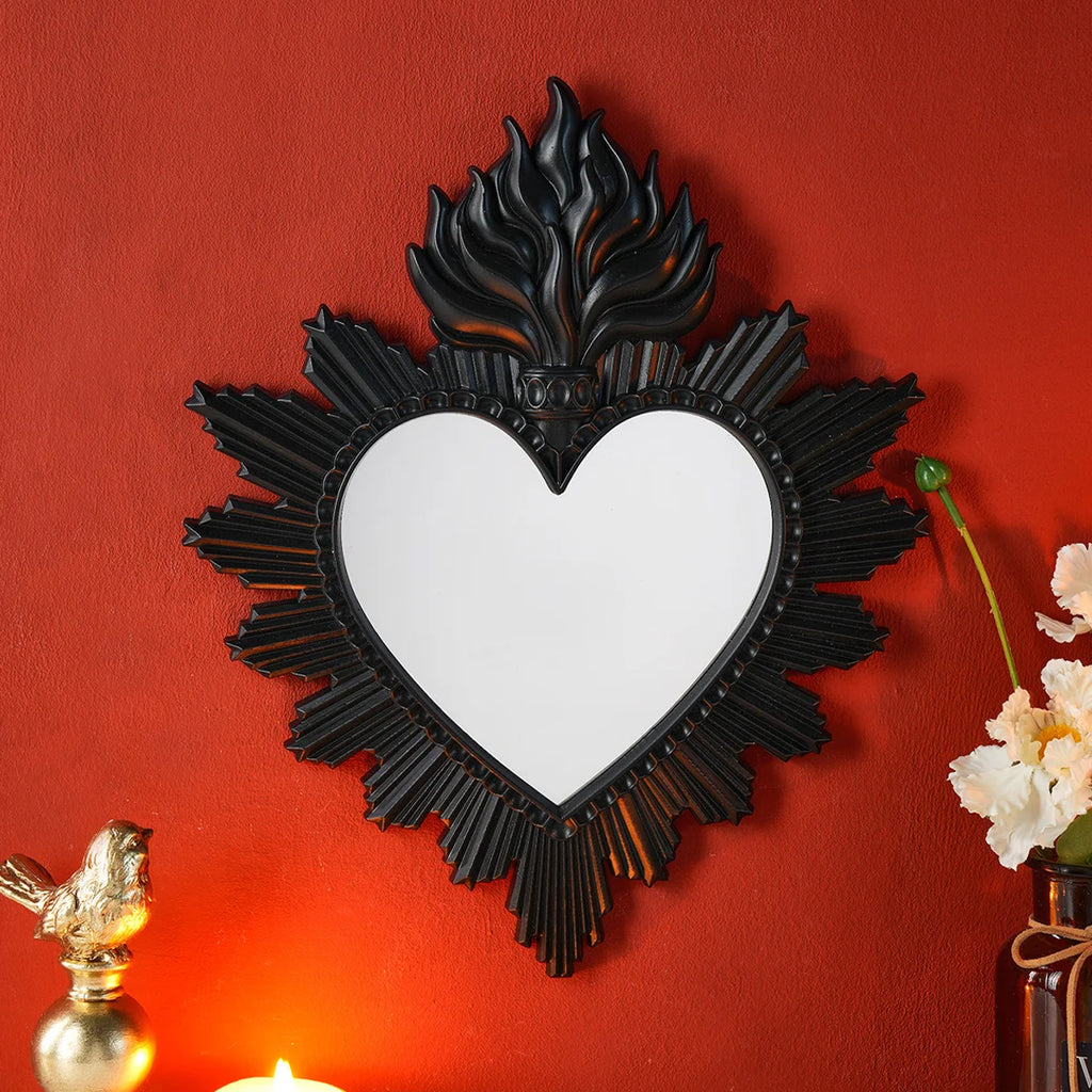 Sagrado Corazón Sacred Heart Hanging Mirror — Flame Heart Wall Pendant