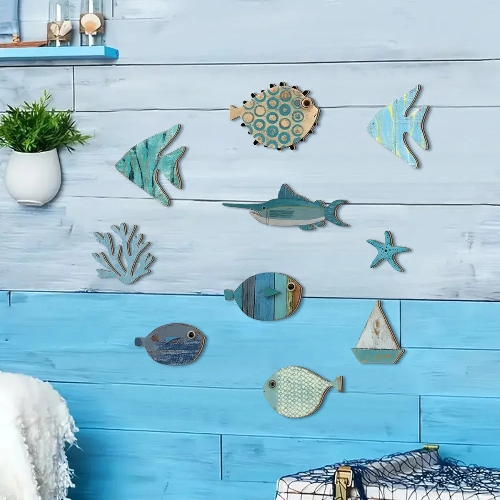 Rustic Ocean Fish Wall Art — 10-Piece Wooden Decorative Plates