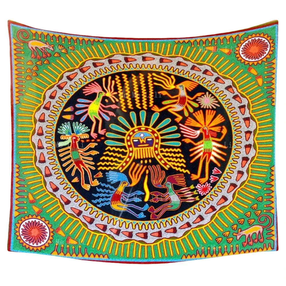 Huichol Sun & Moon Yarn Art Tapestry — Mexican Folk Wall Décor