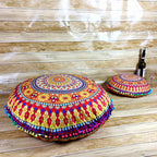 Indian Mandala Round Floor Cushion Cover — Boho Pom-Pom Pouf Cover