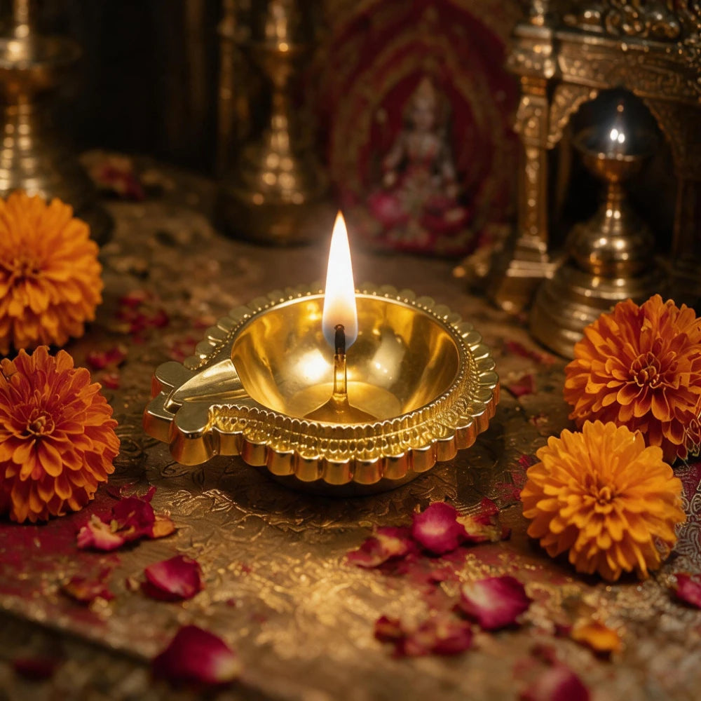 Scalloped Gold Diya Lamps, Set of 4 — Indian Oil Lamps for Diwali & Holiday Lighting