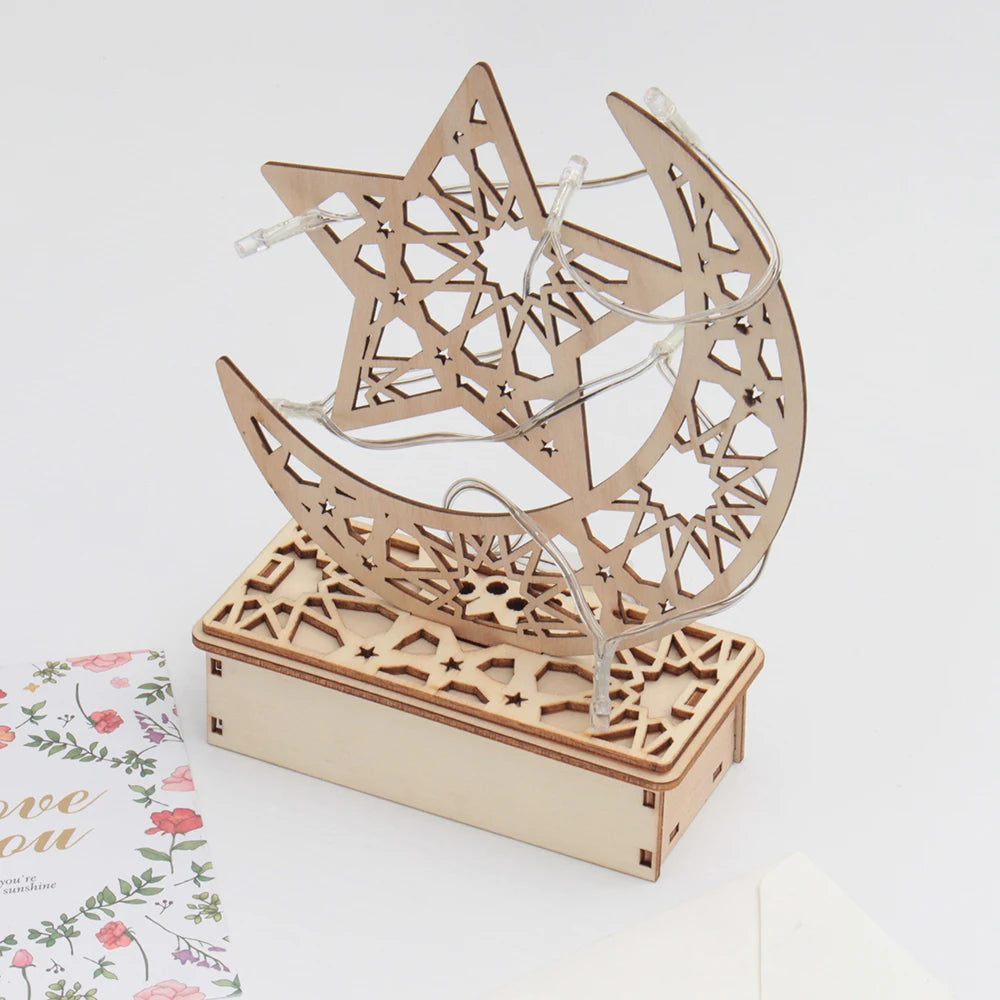 Ramadan Mubarak LED Wooden Ornament — Moon & Star Eid Decoration