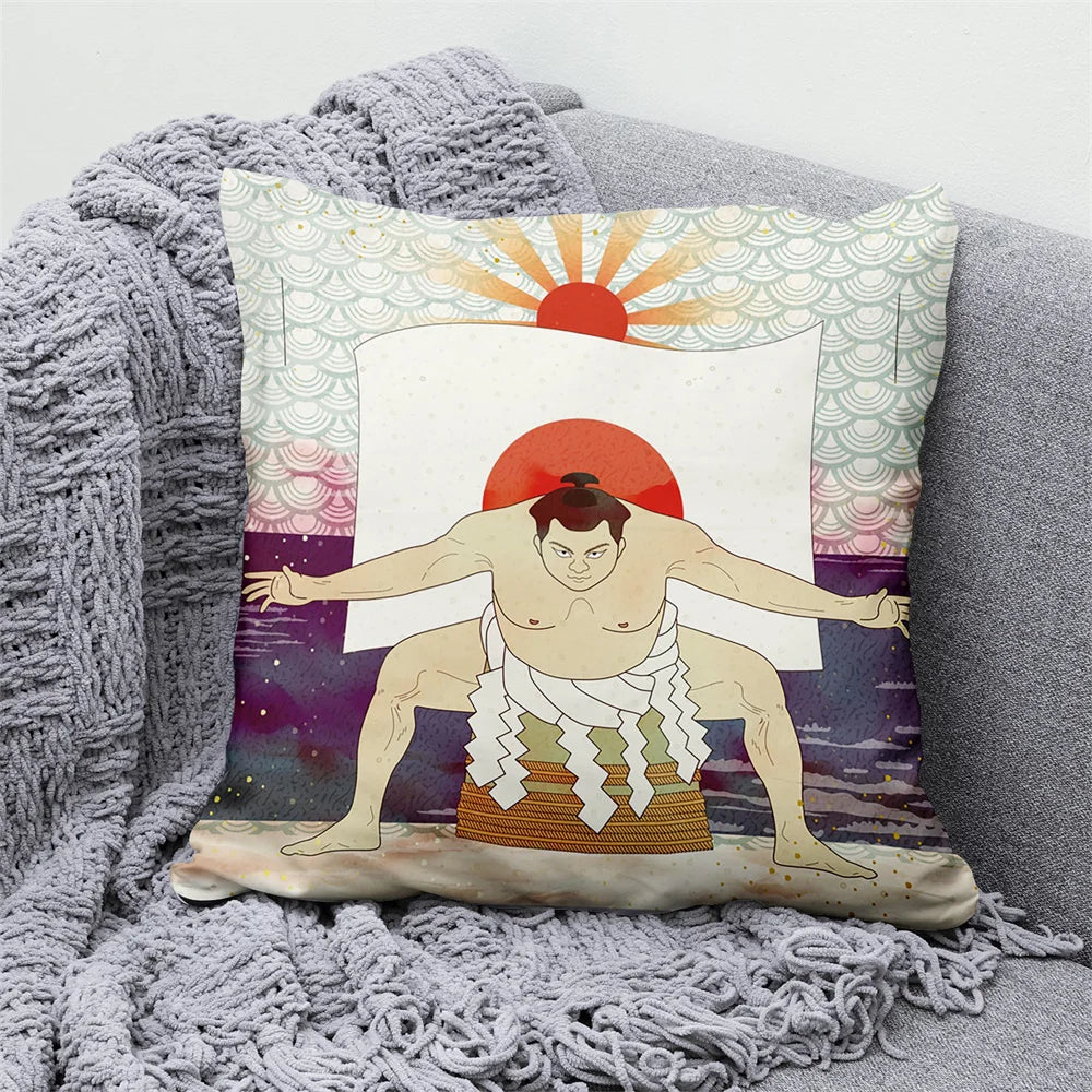 Lucky Cat Japanese Style Sofa Bed Decorative Pillow Cover Home Decor Mount Fuji  Art Cushion