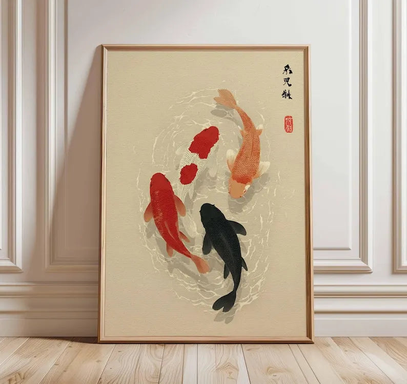 1pc Japanese Koi Fish Poster, Minimalist Asian Wall Art, Unframed Japandi Zen Water Canvas Painting for Living Room Decortion