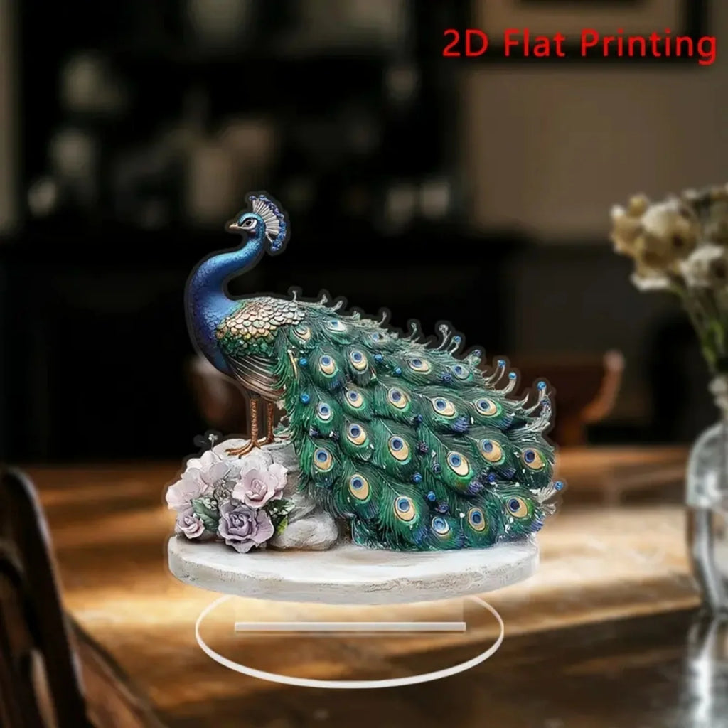 Decorative Acrylic Peacock Figurine — Jeweled Tabletop Ornament