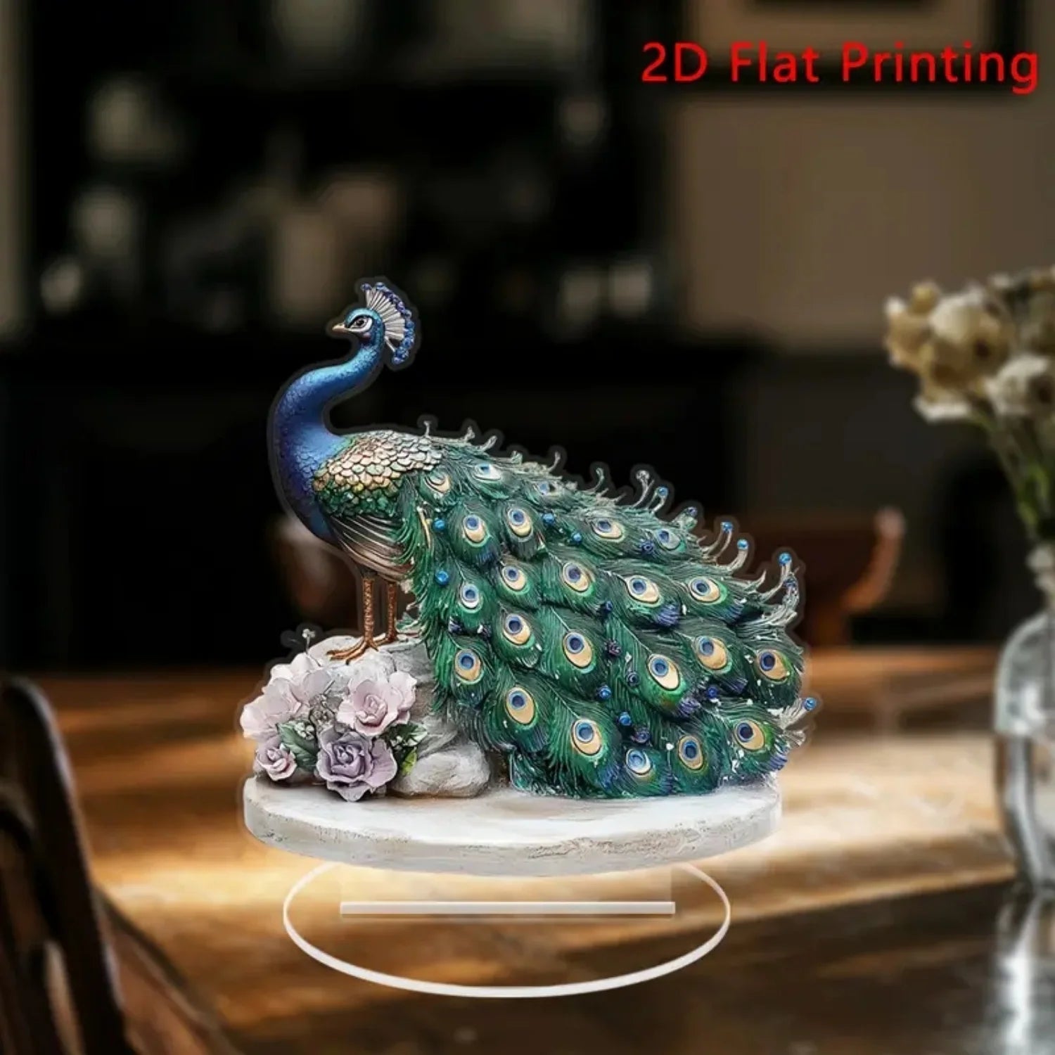Decorative Acrylic Peacock Figurine — Jeweled Tabletop Ornament