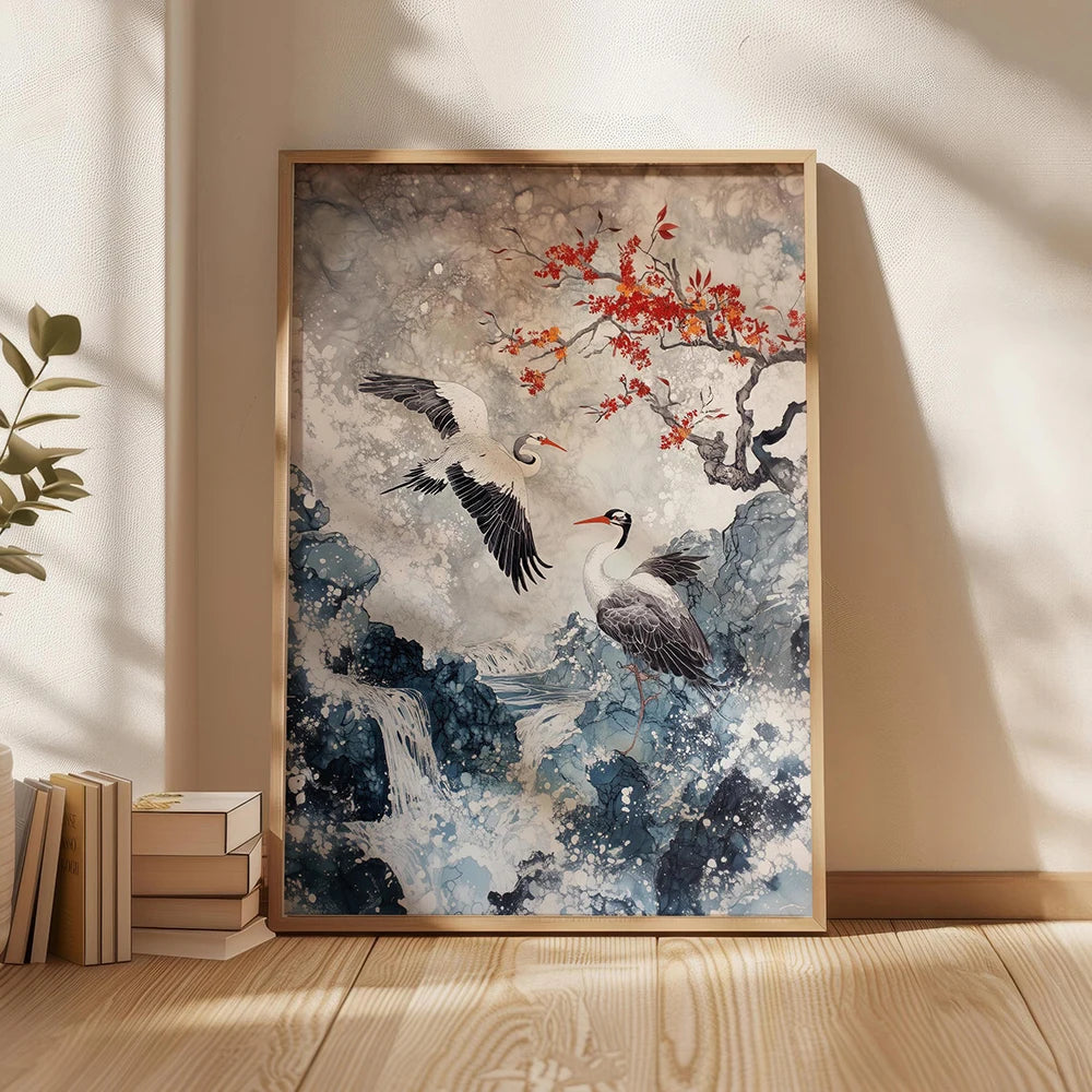 Japandi Flying Birds Wall Art — Sage Green & Gold Print