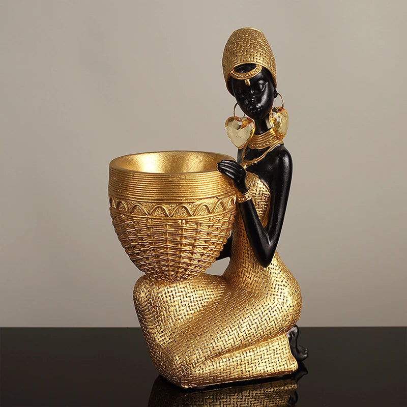 African Woman Vessel Sculpture — Black & Gold Resin Décor