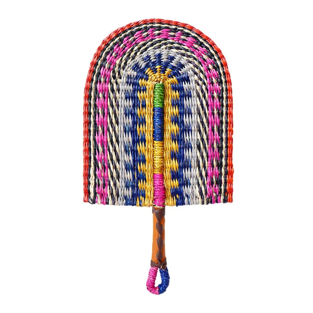Colorful Striped Patterns Seagrass Woven Fan Bohemian Anti-Mosquito Hand Braided Fan Portable Natural Cattail Fan School/Office