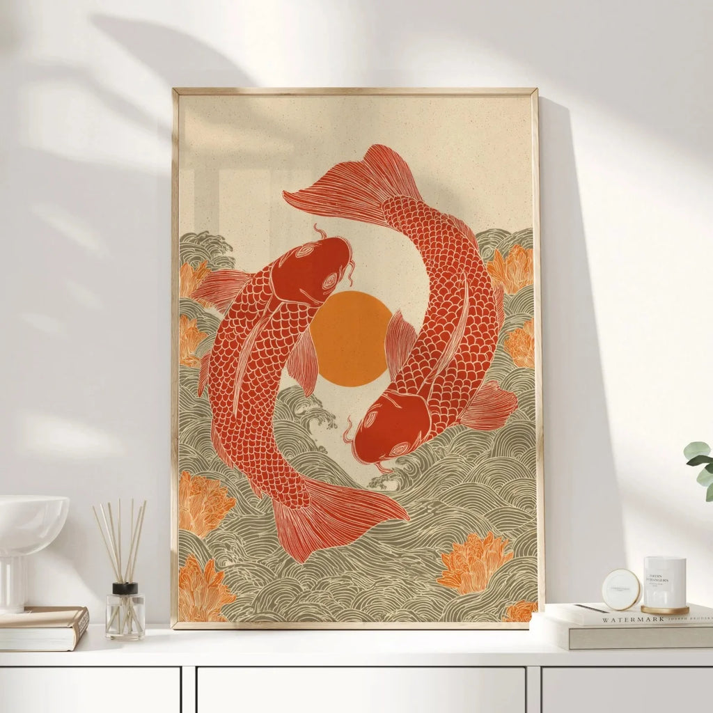 Vintage Koi Fish Canvas Print — Japandi Aesthetic Wall Art