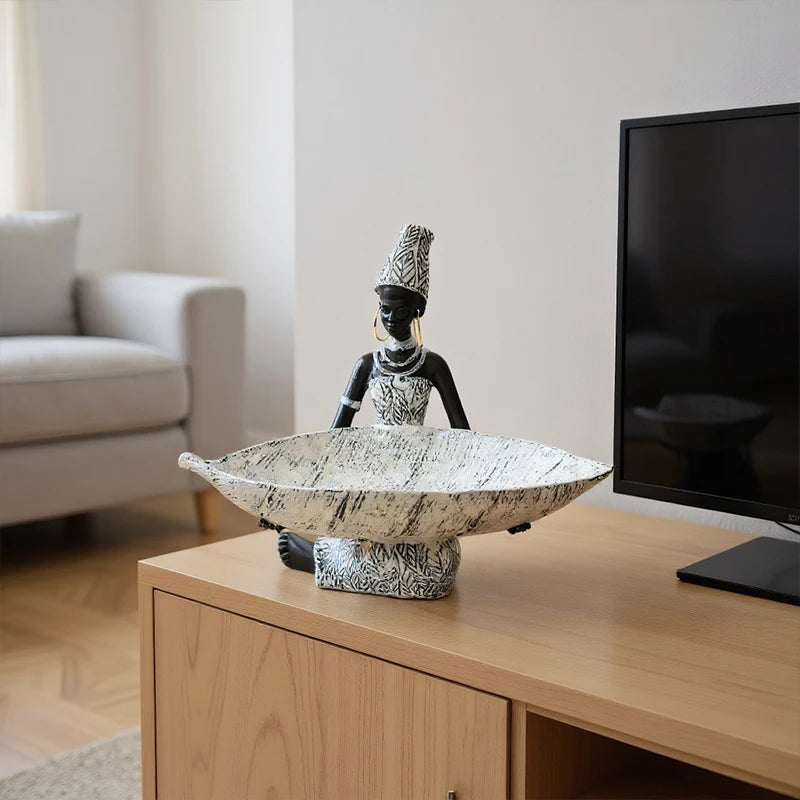 African Woman Vessel Sculpture — Black & Gold Resin Décor