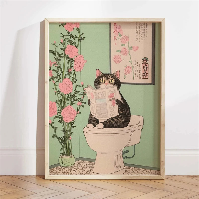 Japanese Ukiyo-e Style Funny Black Cat Bathroom Poster Print Canvas Painting Wall Art Picture for Kitchen Bathroom Home Decor