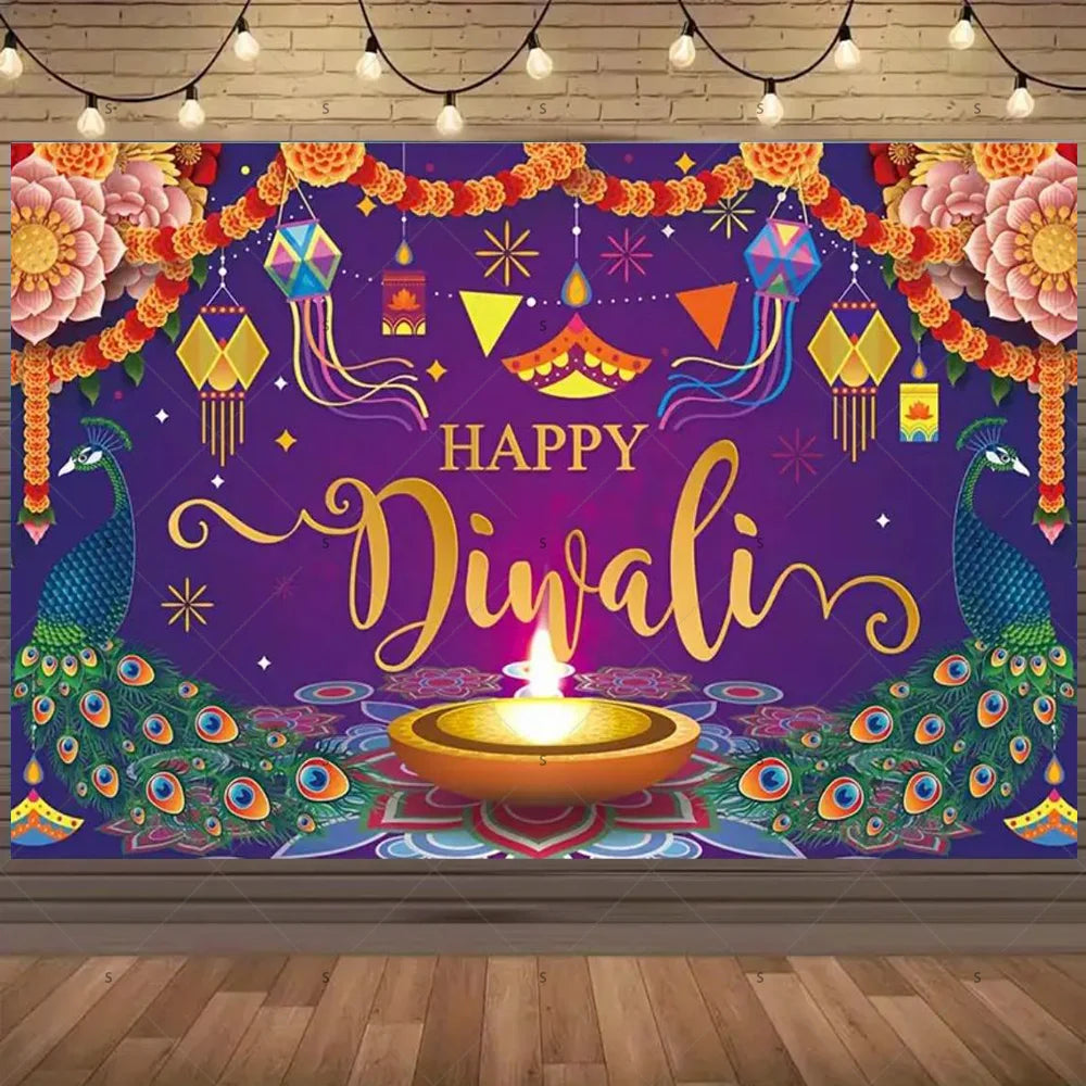 Happy Diwali Backdrop — Diya & Lotus Festival Photo Banner, 25 Designs