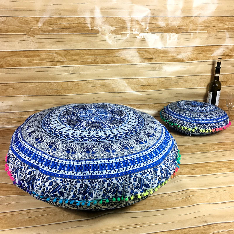 Indian Mandala Round Floor Cushion Cover — Boho Pom-Pom Pouf Cover