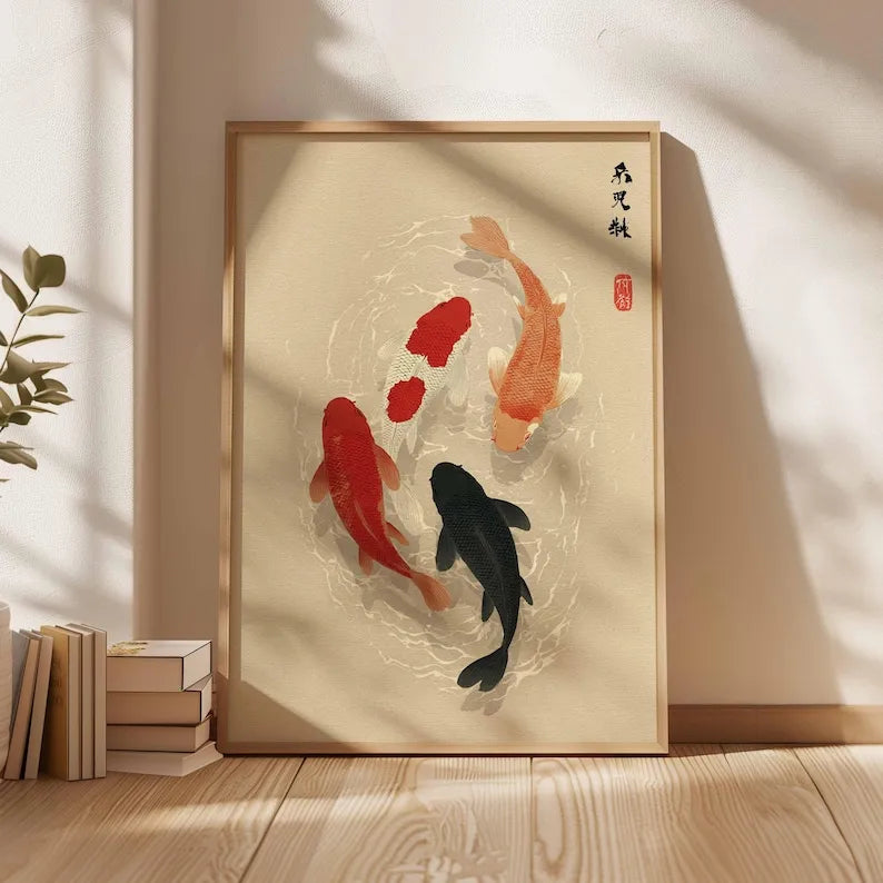 1pc Japanese Koi Fish Poster, Minimalist Asian Wall Art, Unframed Japandi Zen Water Canvas Painting for Living Room Decortion