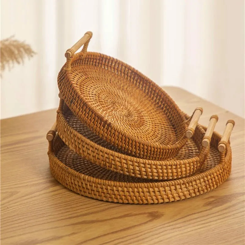 Rattan Woven Round Tray — Handcrafted Fruit & Snack Basket