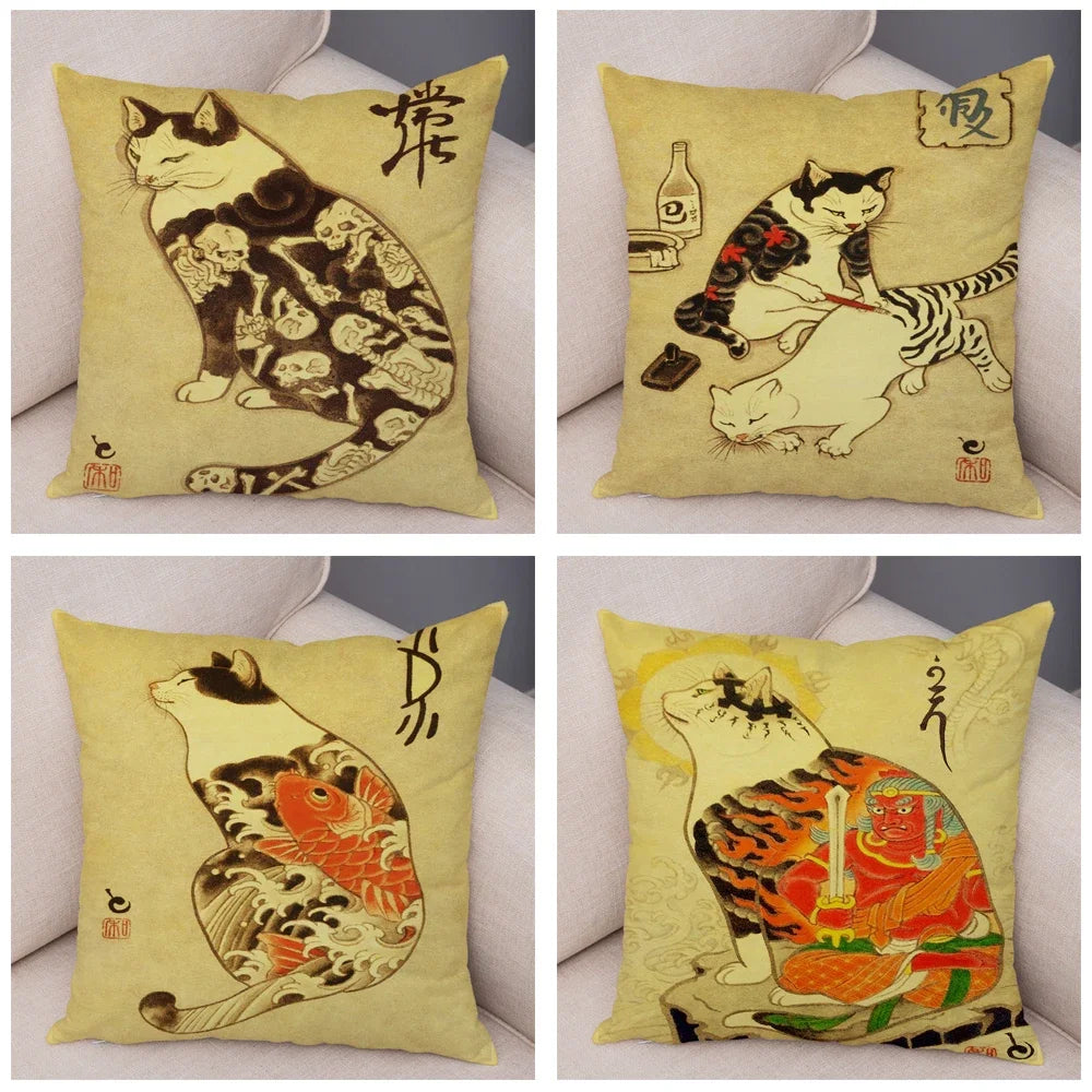 Vintage Japanese Samurai Cat Tattoo Cushion Cover Decor Retro Animal Pillowcase Sofa Home Car