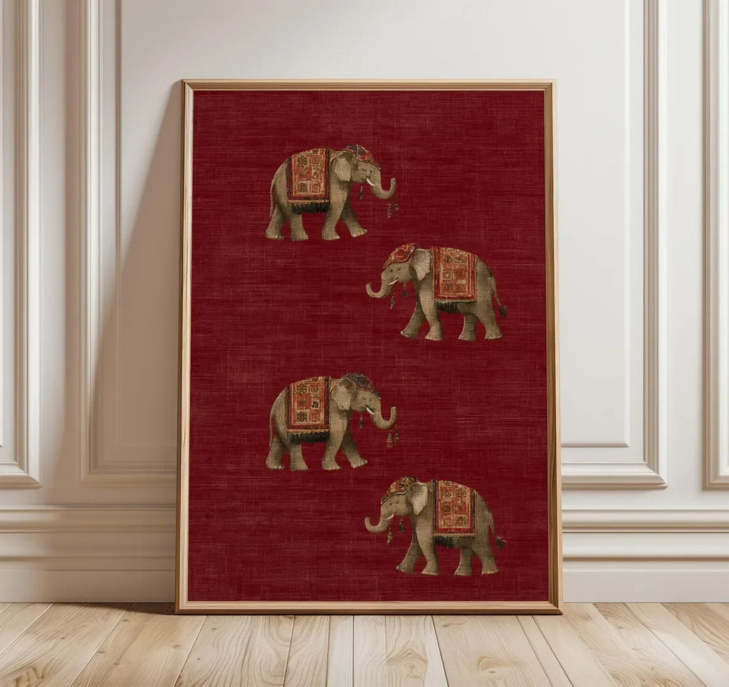Red Tribal Elephant Wall Art — Indian Boho Canvas Print