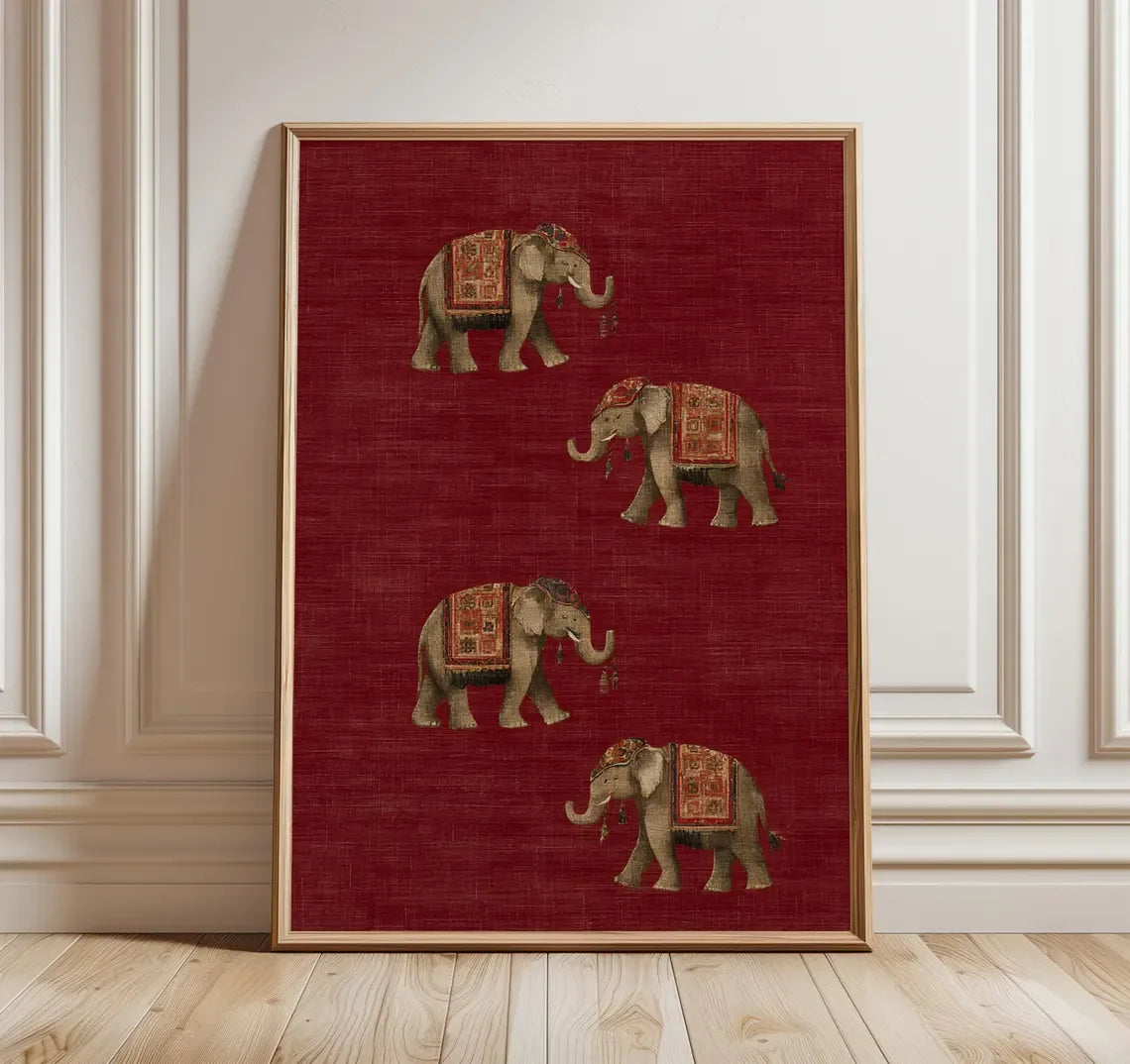 Red Tribal Elephant Wall Art — Indian Boho Canvas Print