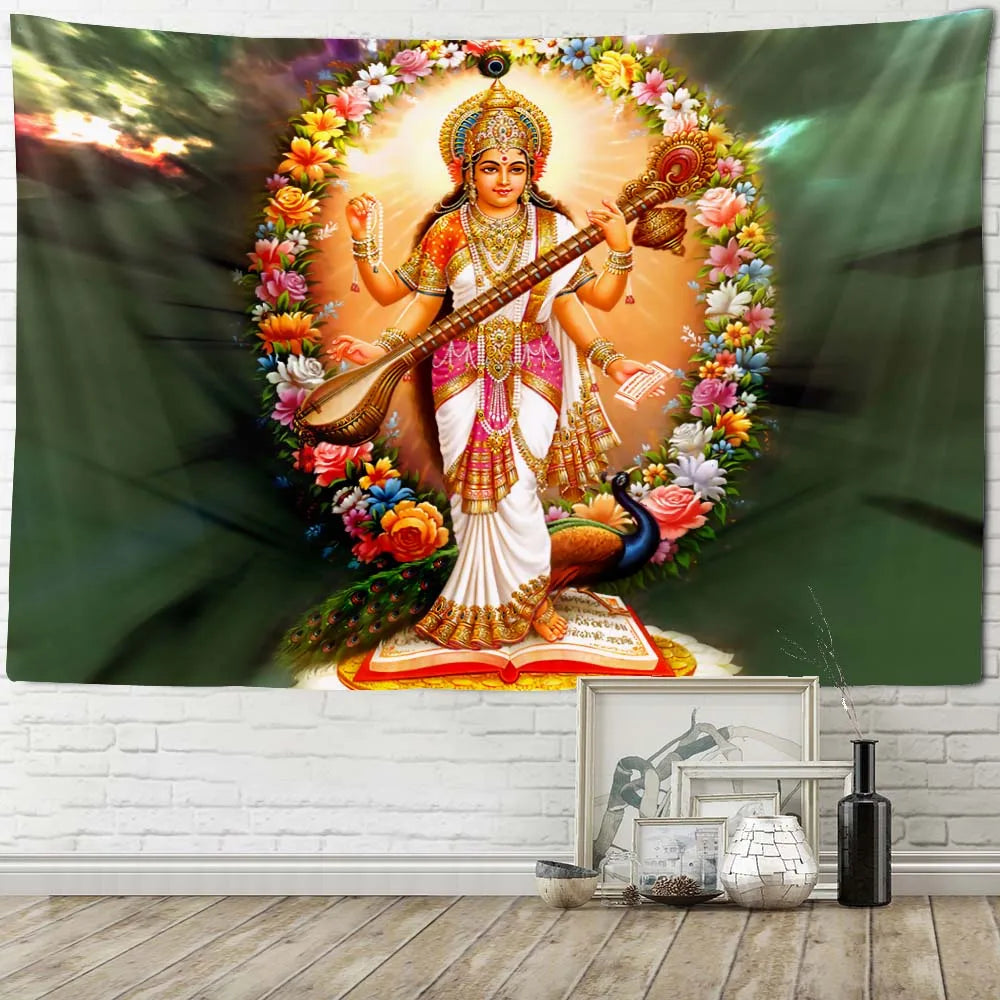 Goddess Lakshmi Tapestry – Hindu Goddess of Wealth & Prosperity Wall Hanging, Indian Devotional Art Blanket