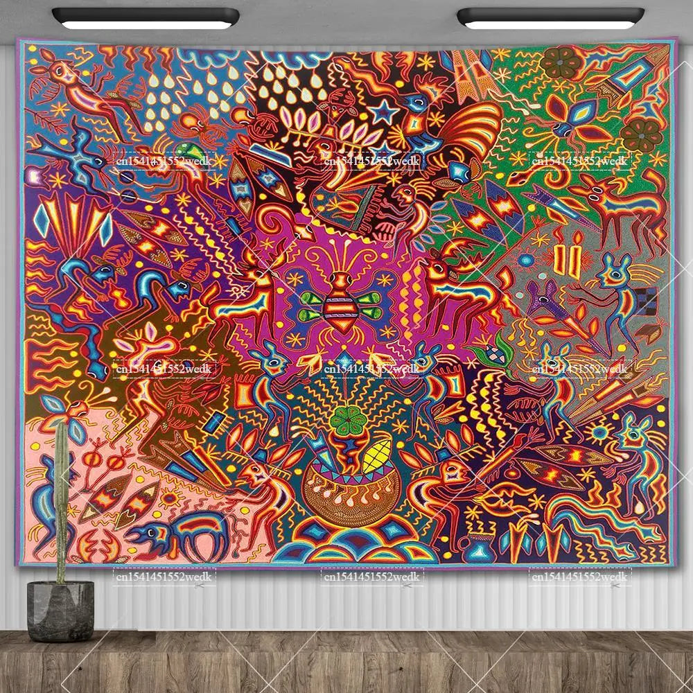 Huichol-Inspired Mexican Yarn Art Tapestry Wall Hanging – Vibrant Mandala Home Decor