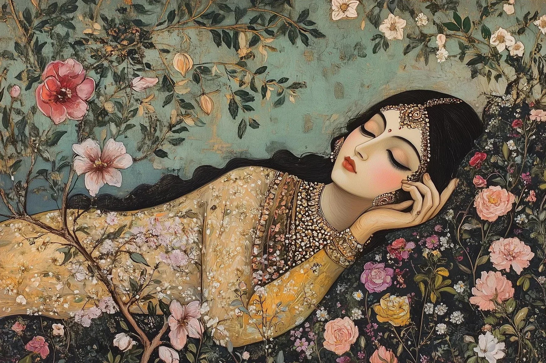 1pc frameless Canvas Painting  Vintage Indian Mughal Inspired Woman Portrait Poster Traditional Indian Pakistani works Canvas Pa