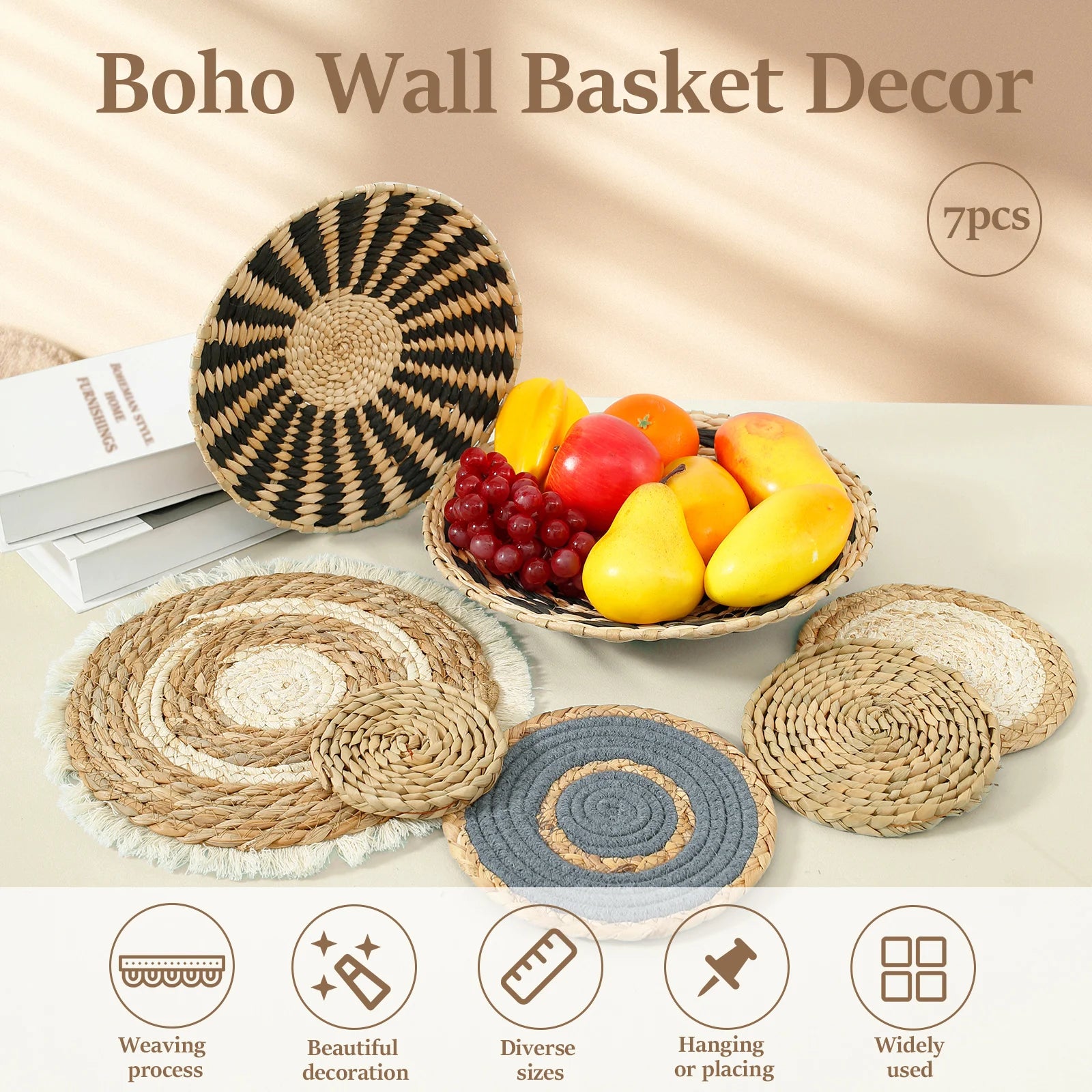 7 Pack Boho Wall Basket Decor, Hanging Woven Wall Basket Decor, Seagrass Rattan Wicker Boho Wall Decor, Round Wall Art