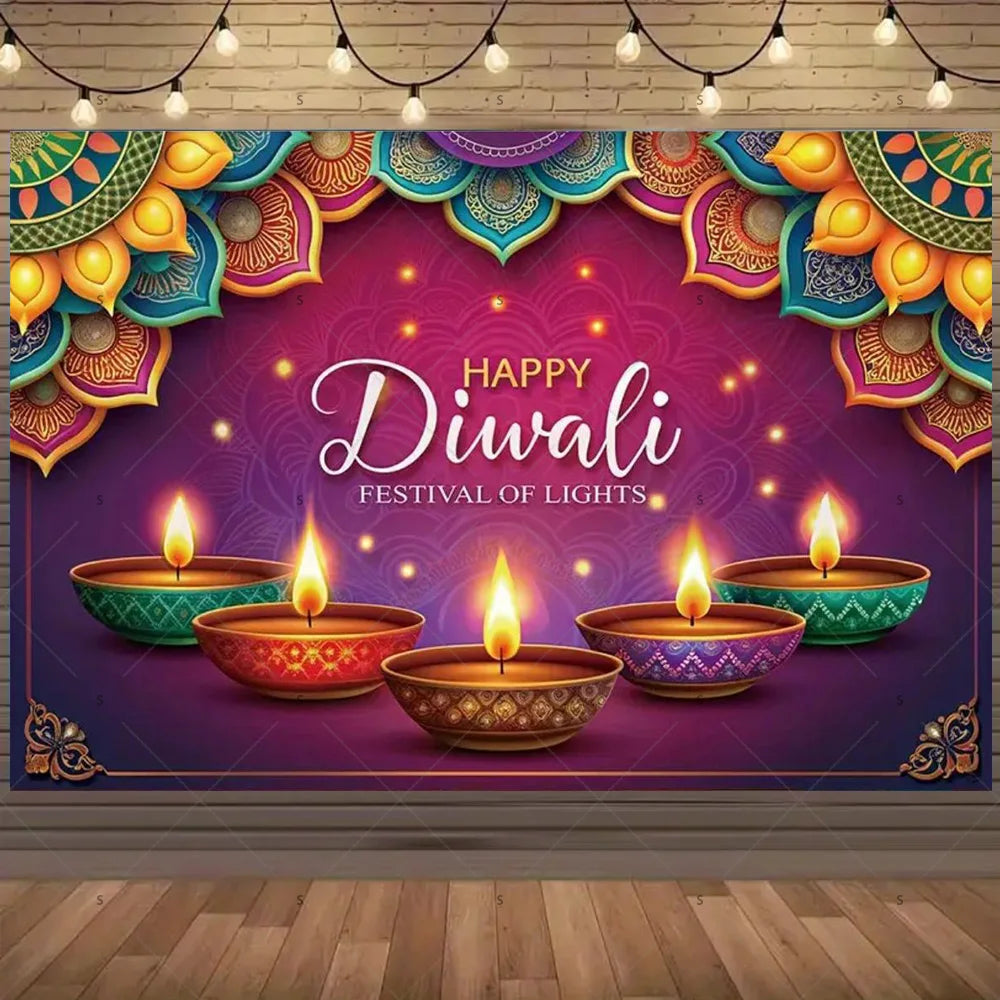 Happy Diwali Backdrop — Diya & Lotus Festival Photo Banner, 25 Designs