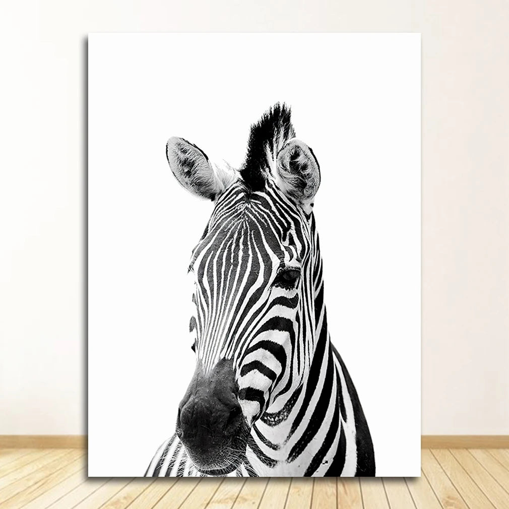 Kids Room Wall Art Poster - Black & White Safari Animals Print Featuring Lion Zebra & Elephant - Canvas Decoration for Nursery