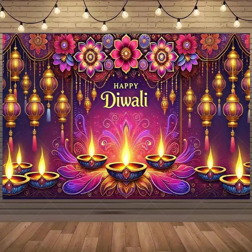 Happy Diwali Backdrop — Diya & Lotus Festival Photo Banner, 25 Designs