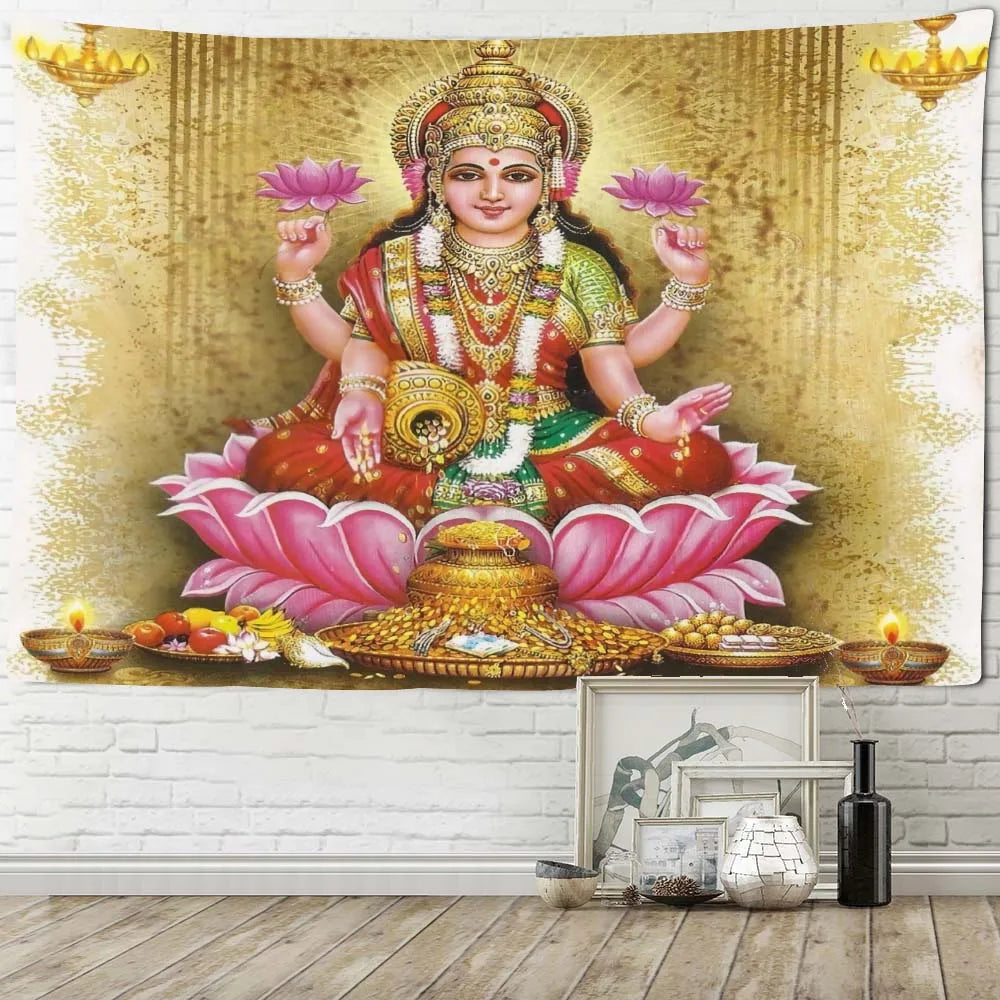 Goddess Lakshmi Tapestry – Hindu Goddess of Wealth & Prosperity Wall Hanging, Indian Devotional Art Blanket