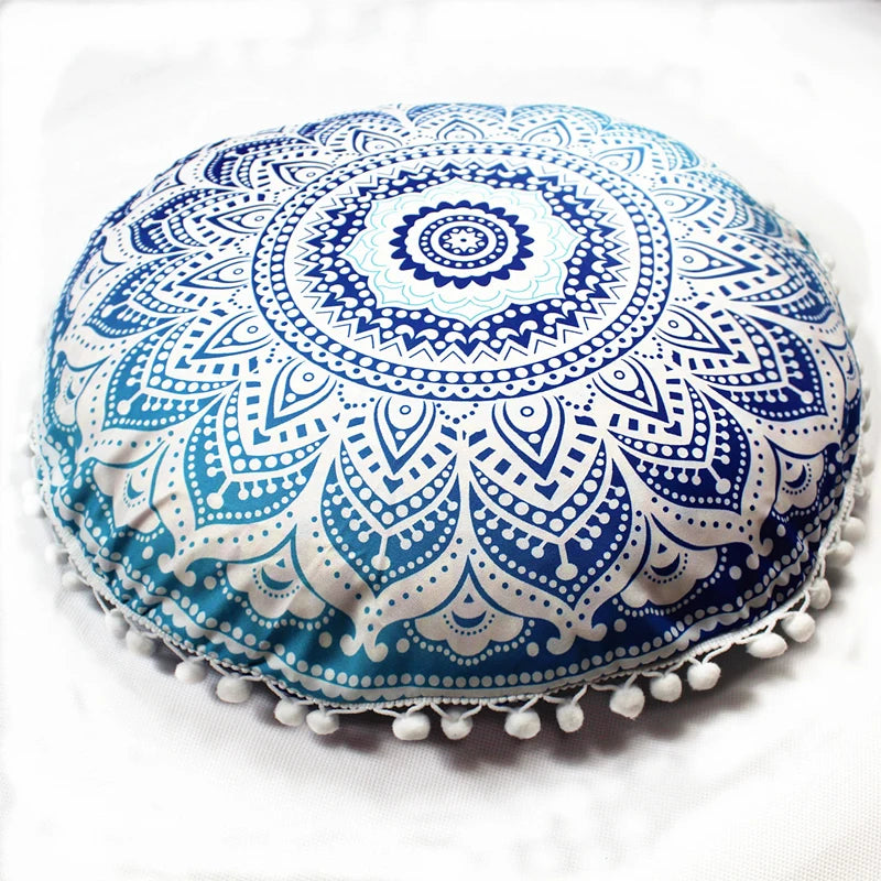 Indian Mandala Round Floor Cushion Cover — Boho Pom-Pom Pouf Cover