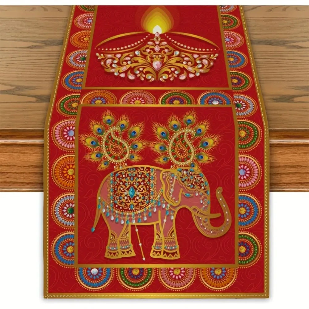 Diwali Elephant Table Runner — Red & Gold Festive Décor