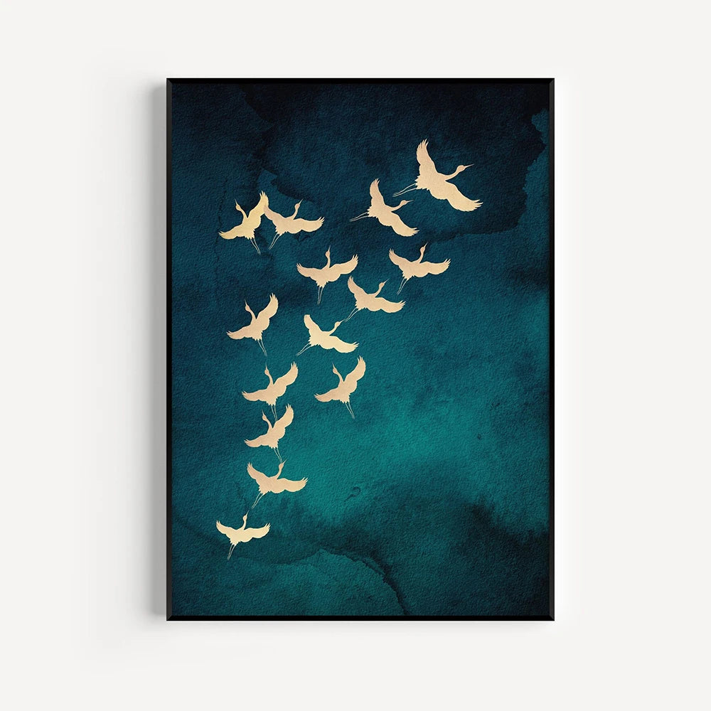 Sage Green Gold Japandi Art Print Flying Birds Wall Art Abstract Sun Art Living Room Decor Japanese Wall Art Bedroom Decor Gift