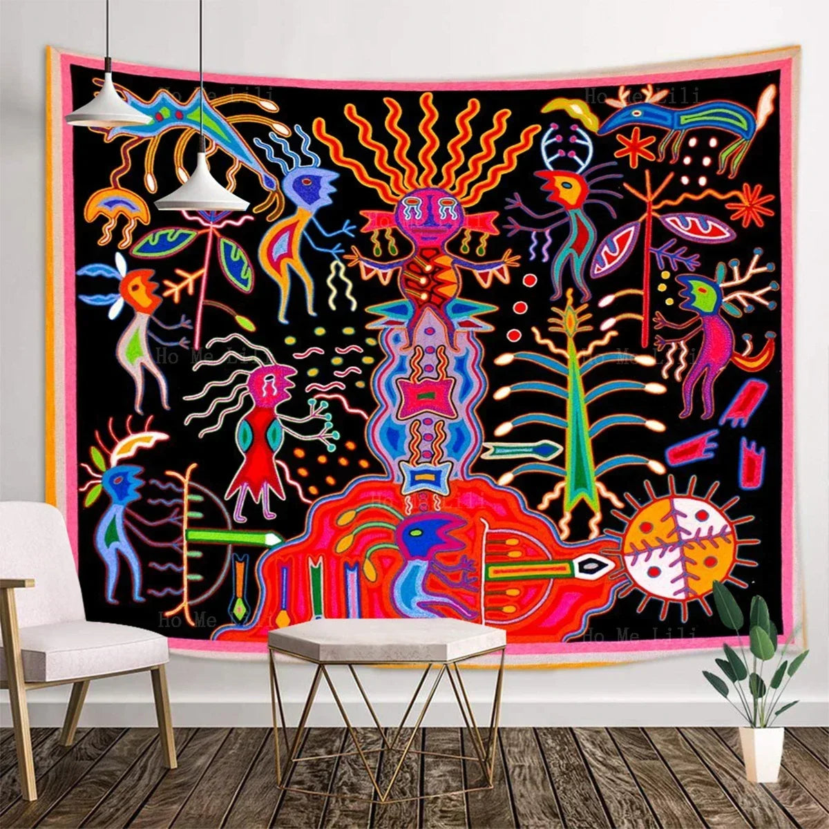 Huichol Sun & Moon Yarn Art Tapestry — Mexican Folk Wall Décor