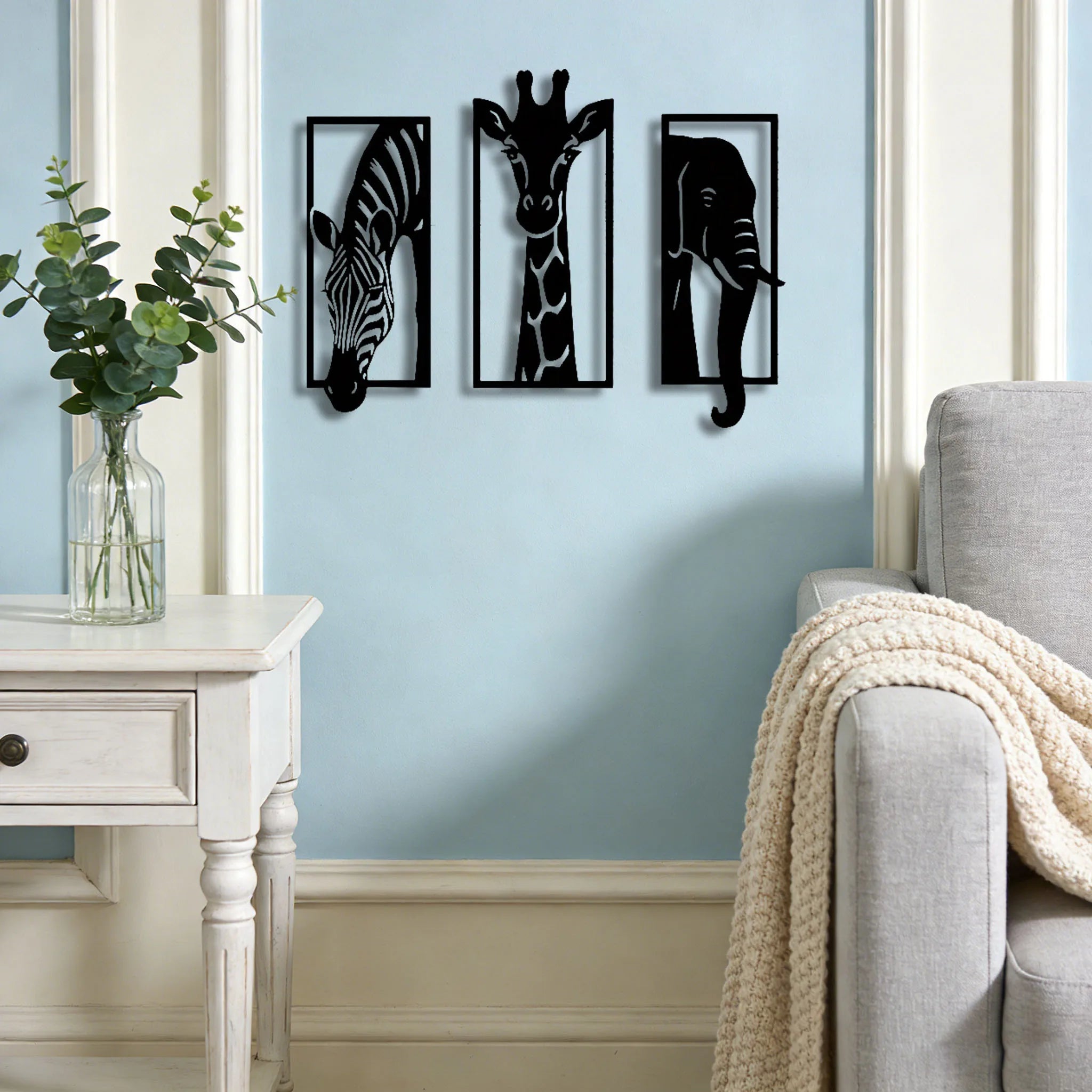 Safari Animal Metal Wall Art Set — 3-Piece Elephant, Giraffe & Zebra Décor