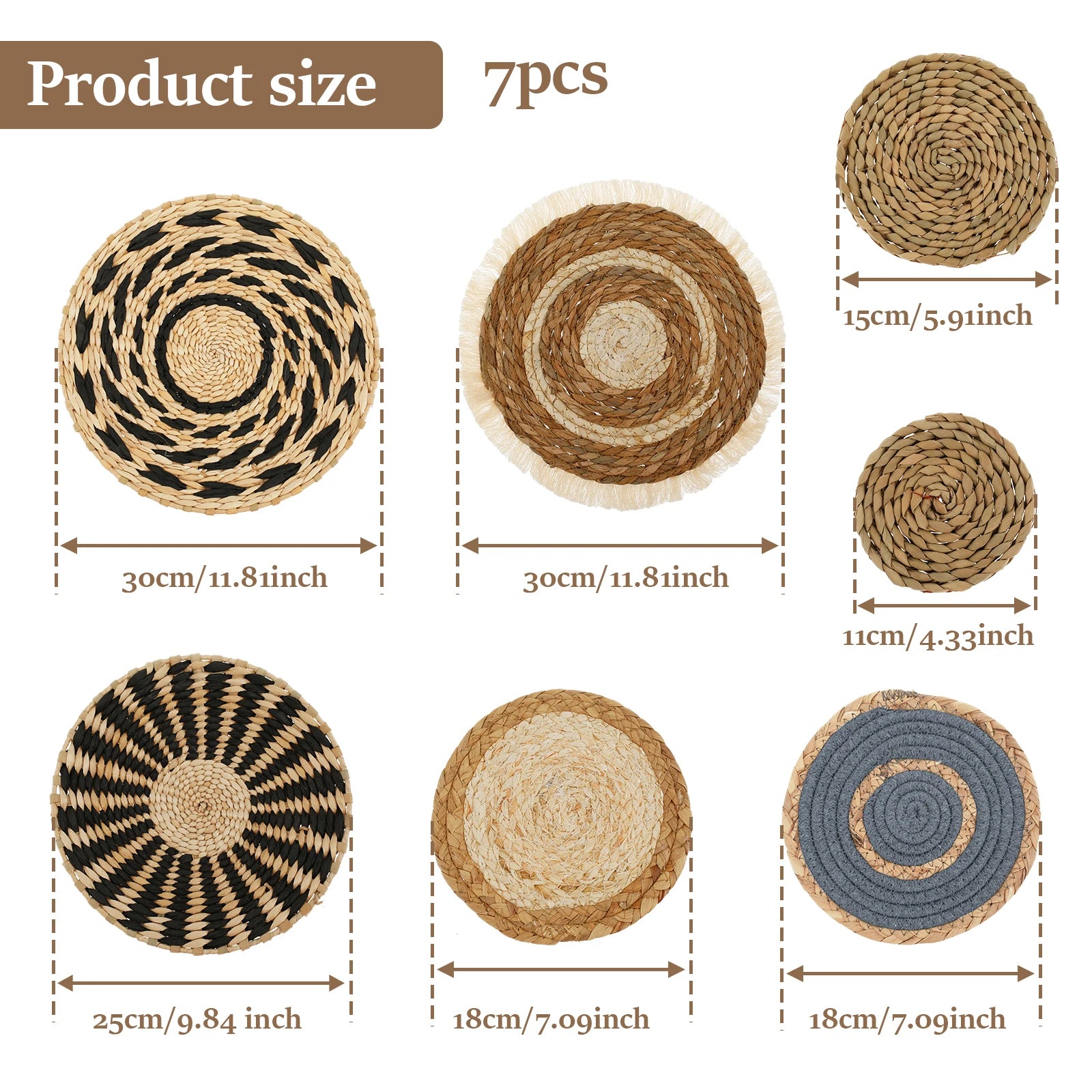 7 Pack Boho Wall Basket Decor, Hanging Woven Wall Basket Decor, Seagrass Rattan Wicker Boho Wall Decor, Round Wall Art