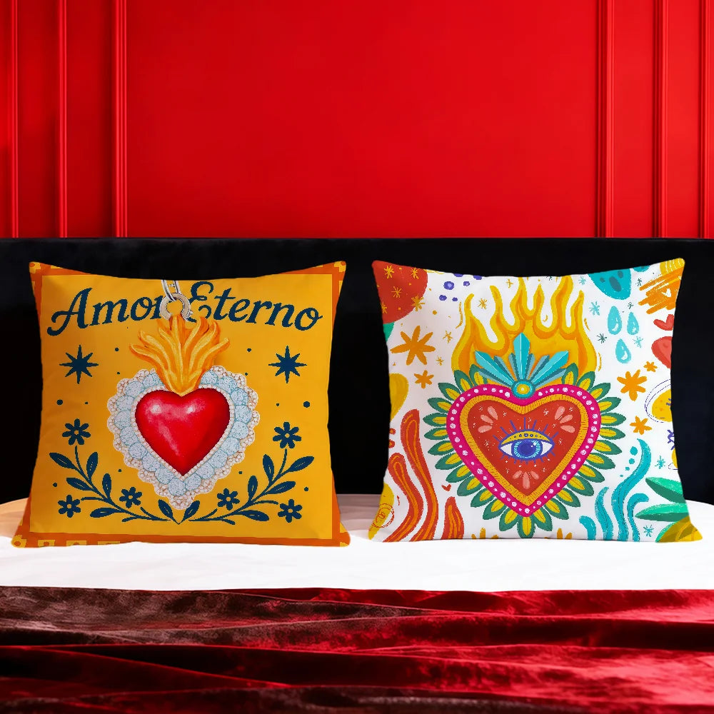Milagro Sacred Heart Pillow Cover — Mexican Folk Art Cushion Cover