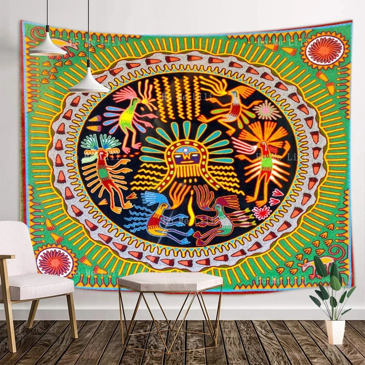 Huichol Sun & Moon Yarn Art Tapestry — Mexican Folk Wall Décor
