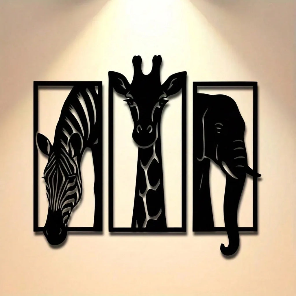 Safari Animal Metal Wall Art Set — 3-Piece Elephant, Giraffe & Zebra Décor