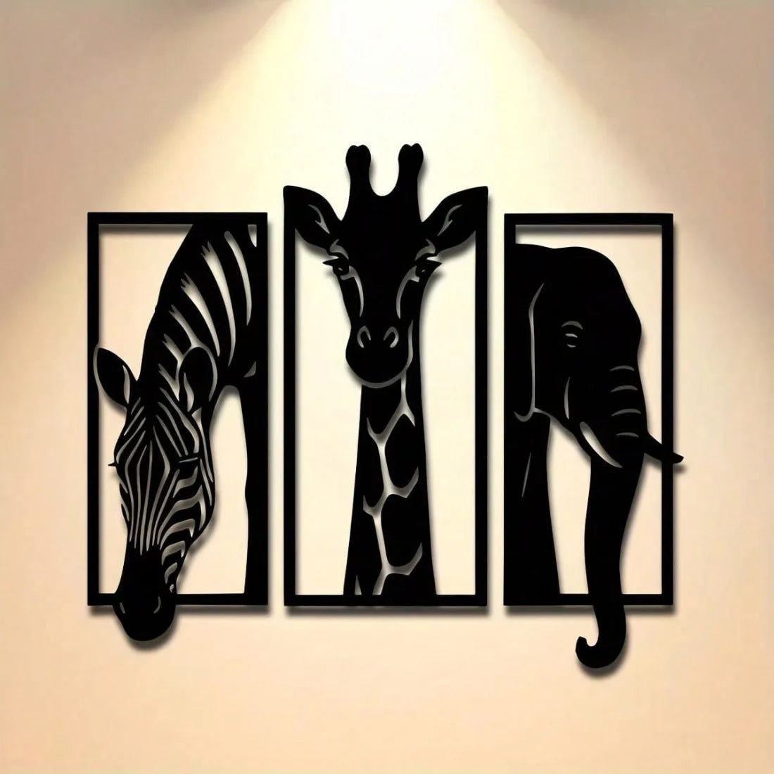 Safari Animal Metal Wall Art Set — 3-Piece Elephant, Giraffe & Zebra Décor