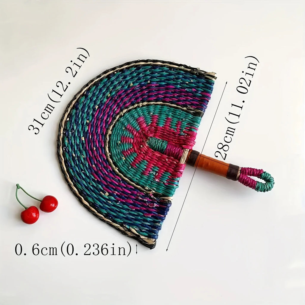 Teal & Magenta woven fan, about 31 x 28 cm